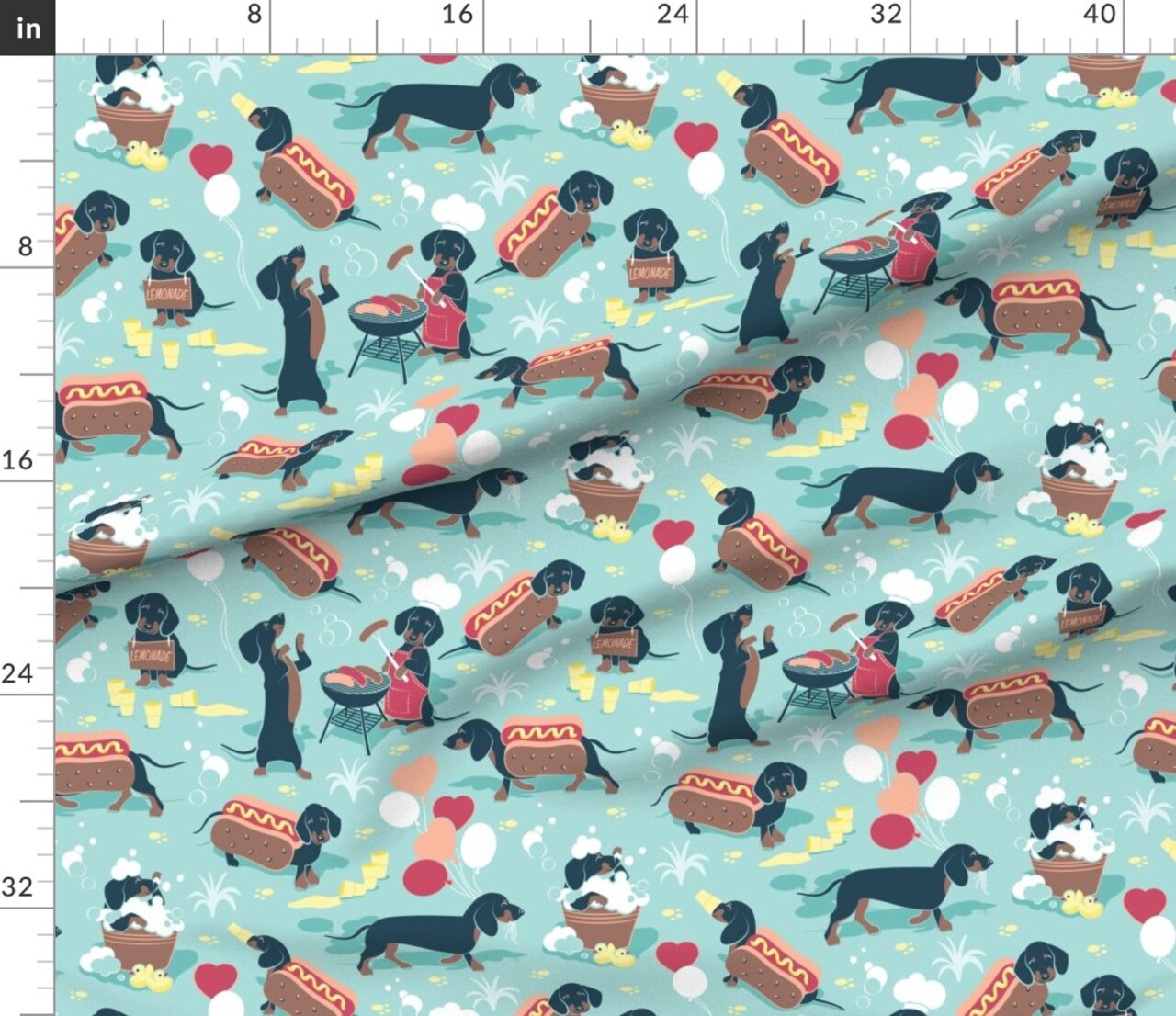Hot Dogs Lemonade Aqua Blue Doxie Dachshund Summer Barbecue Custom Printed Fabric by Spoonflower Various Fabrics by the Yard or Fat Quarter 7452175